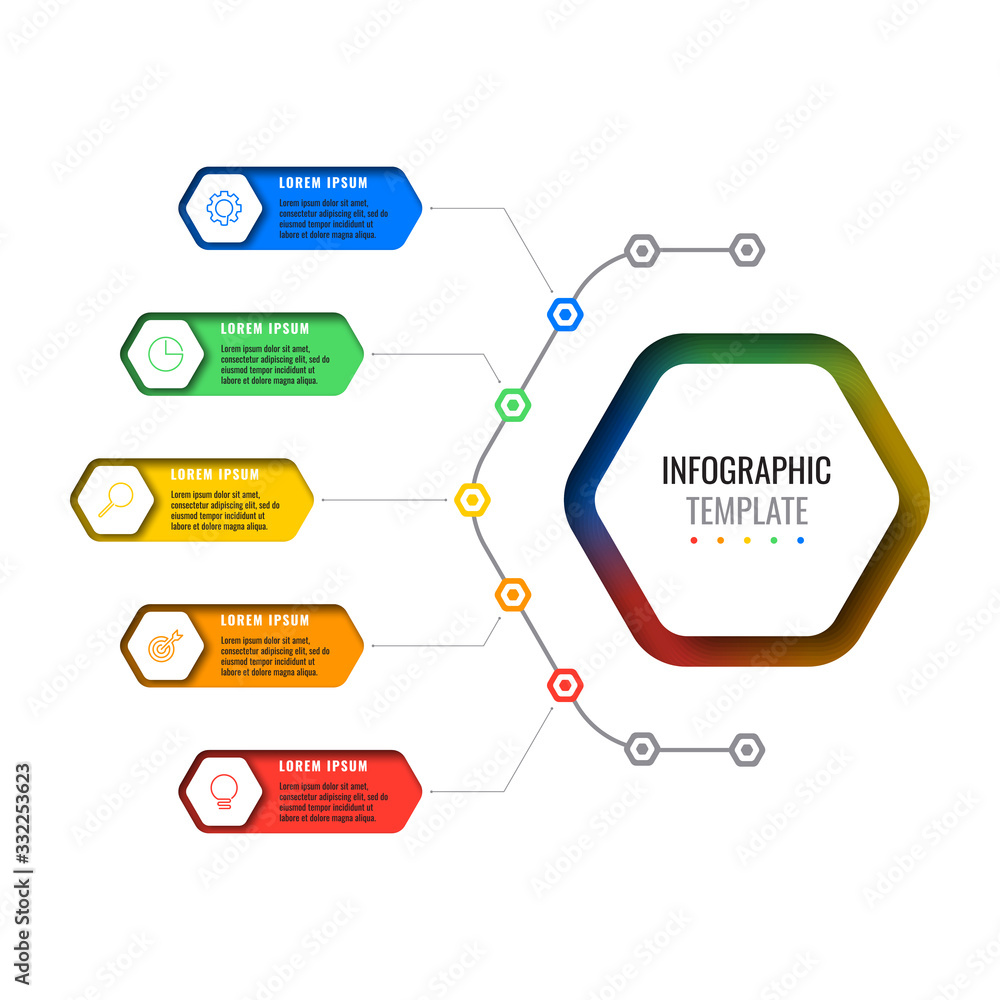 Poster business infographic template with five realistic hexagonal elements with thin line icons on white b