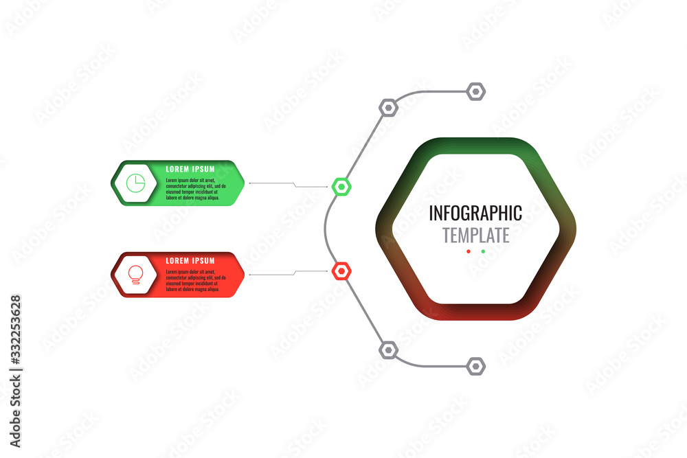 Poster business infographic template with two realistic hexagonal elements with thin line icons on white ba