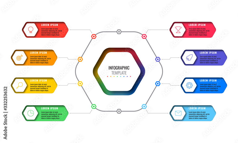 Poster business infographic template with eight realistic hexagonal elements with thin line icons on white 