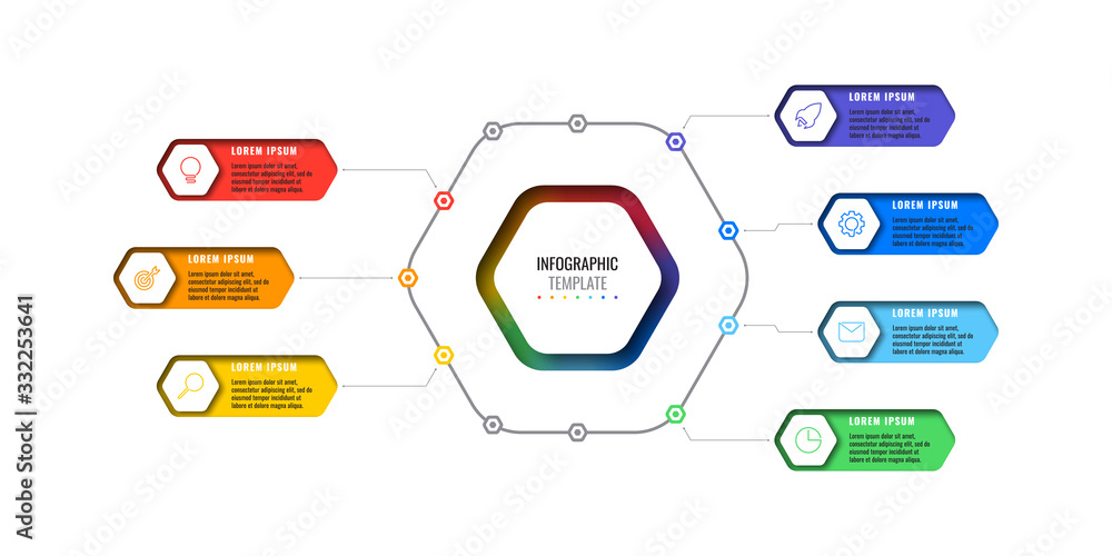 Poster business infographic template with seven realistic hexagonal elements with thin line icons on white 
