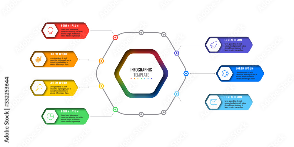 Poster business infographic template with seven realistic hexagonal elements with thin line icons on white 
