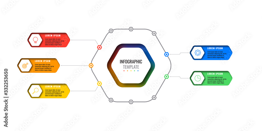Poster business infographic template with five realistic hexagonal elements with thin line icons on white b