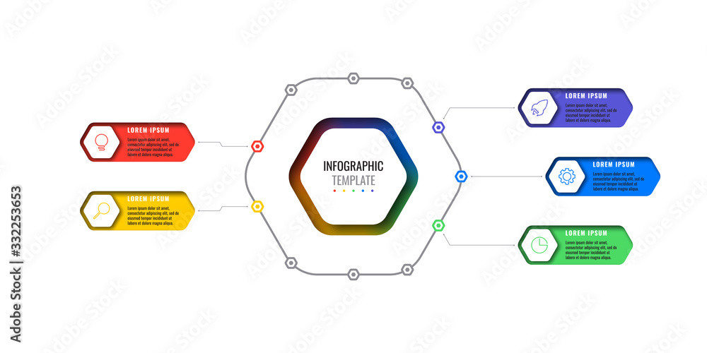 Poster business infographic template with five realistic hexagonal elements with thin line icons on white b