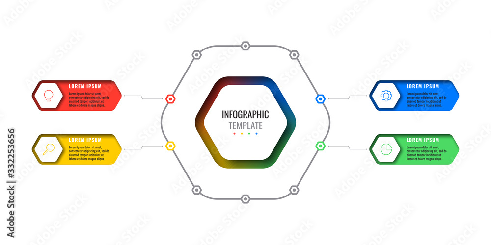 Poster business infographic template with four realistic hexagonal elements with thin line icons on white b
