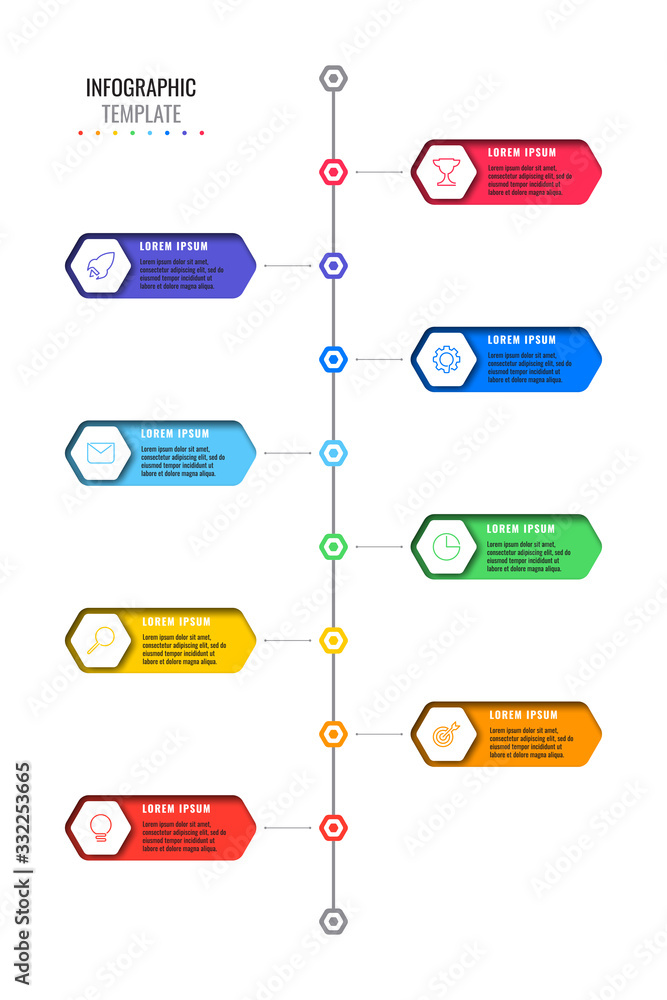 Poster vertical timeline template with eight realistic hexagonal elements with thin line icons on white bac