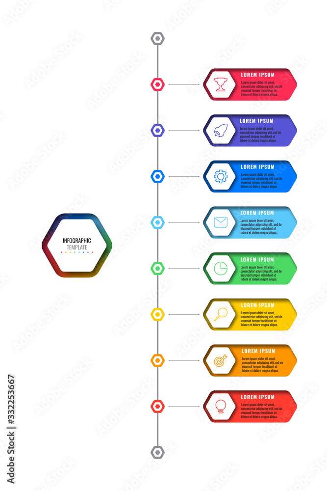 Fototapete vertical timeline template with eight realistic hexagonal elements with thin line icons on white bac