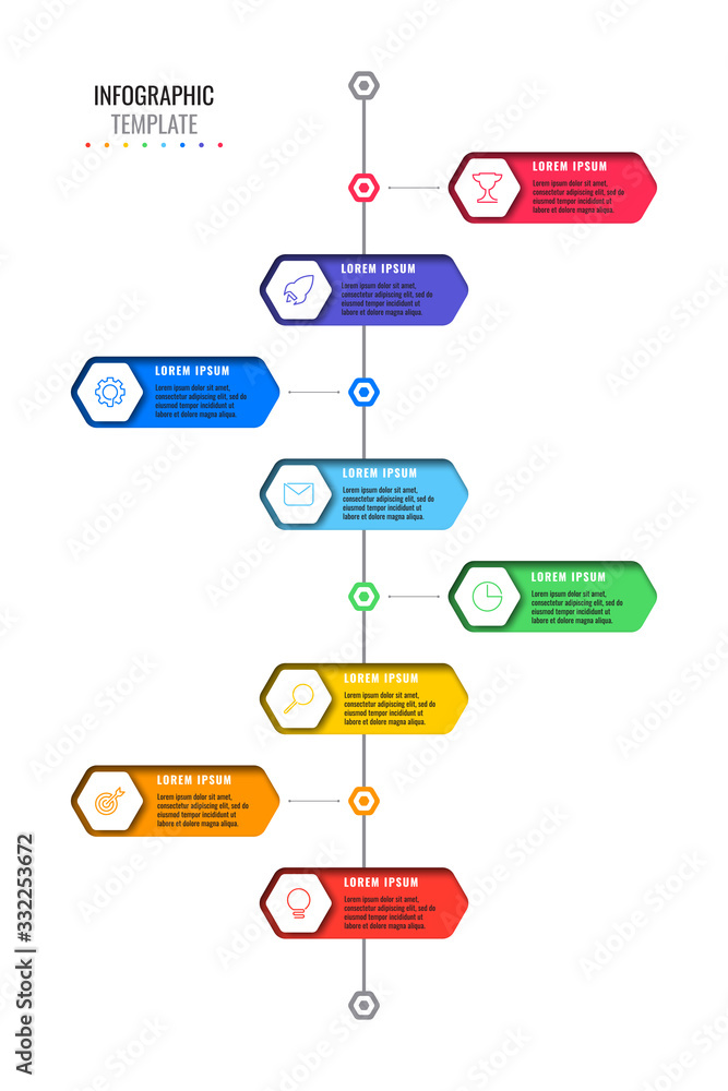 Poster vertical timeline template with eight realistic hexagonal elements with thin line icons on white bac