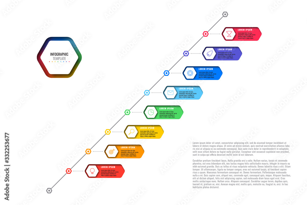 Poster diagonal timeline template with eight realistic hexagonal elements with thin line icons on white bac