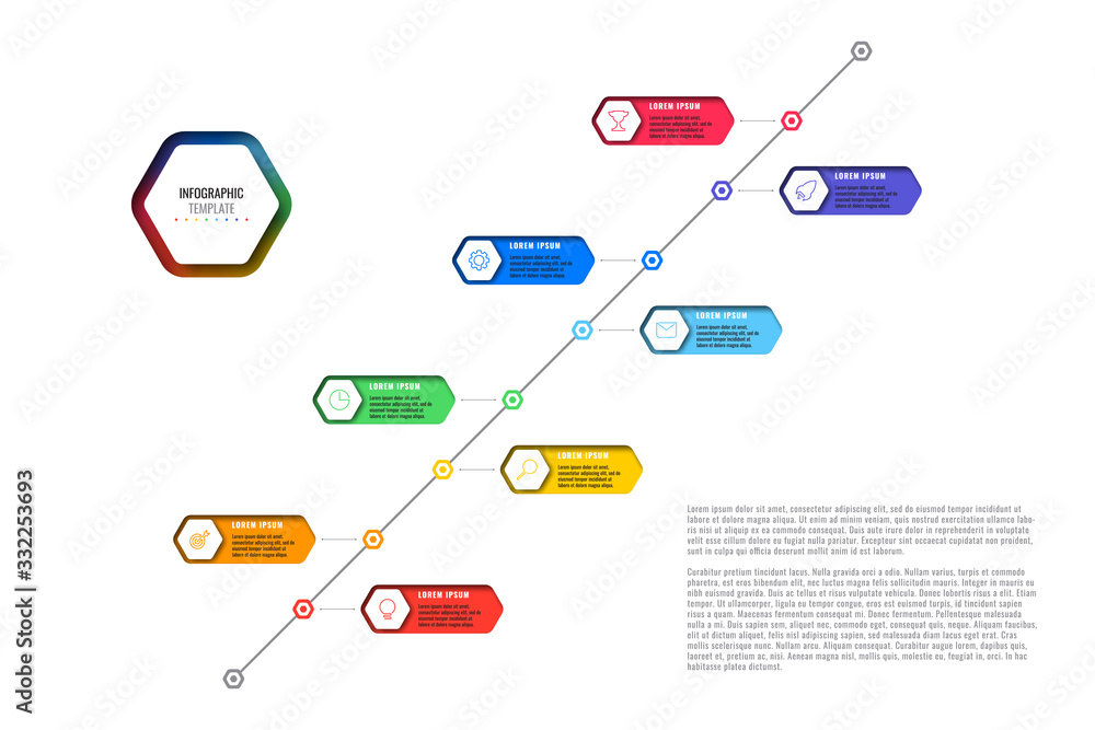 Aufkleber diagonal timeline template with eight realistic hexagonal elements with thin line icons on white bac