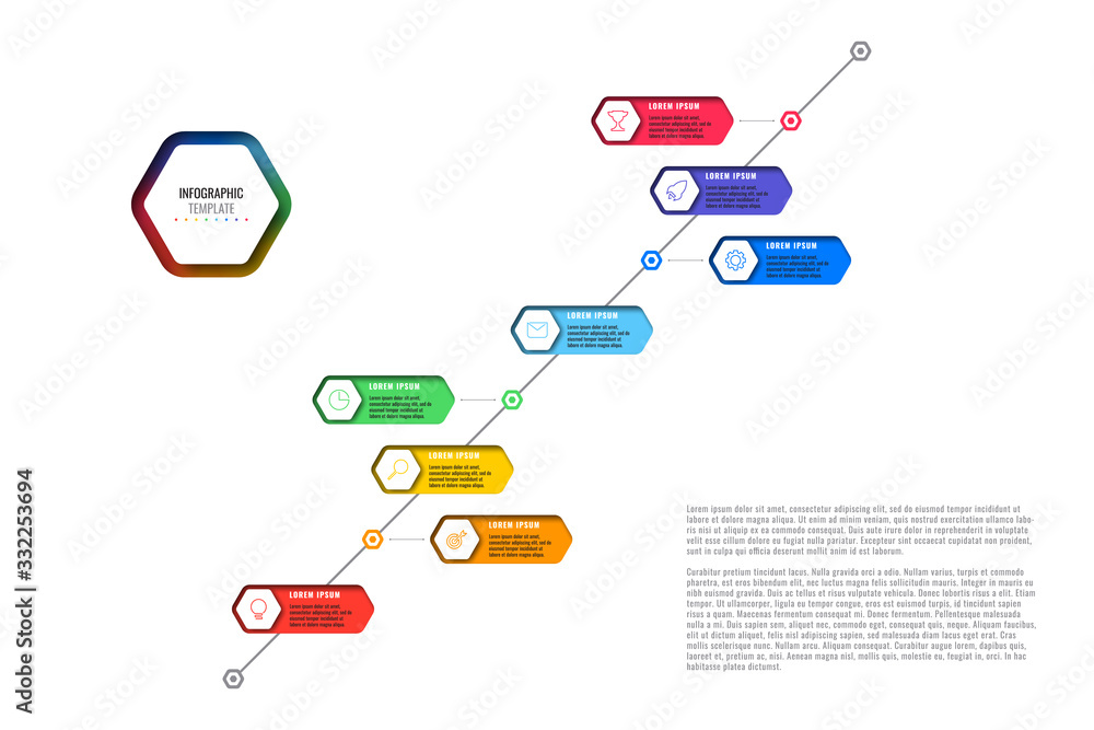 Aufkleber diagonal timeline template with eight realistic hexagonal elements with thin line icons on white bac