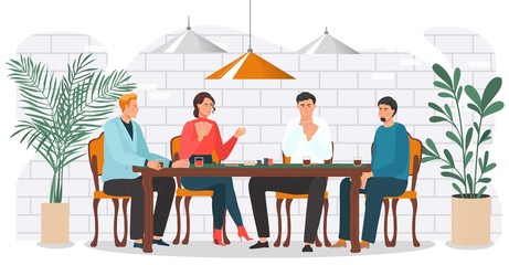 Characters people, male and female play in poker, gambling card game, flat vector illustration. Poker player sit table, money game, gambling business. Design for web banner, template.
