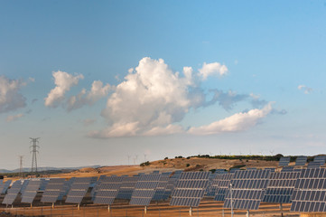 photovoltaic solar power panel on sky background, green clean Alternative power energy concept.