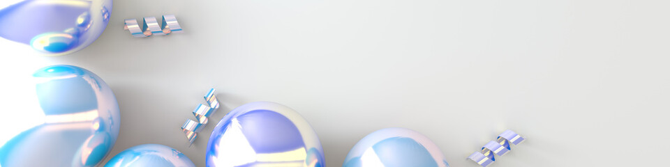 3d render illustration of realistic glossy iridescent balloons, ribbon confetti on white background. Empty space for birthday, party, promotion social media banners, posters. Horizontal banner © Meranna