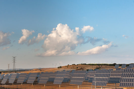 photovoltaic solar power panel on sky background, green clean Alternative power energy concept.