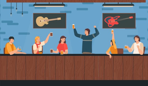Characters male, female sit in music beer bar, alcohol party night, adult people alcohol consumption, flat vector illustration. Design web banner, template. Rock pub, guitar on wall.