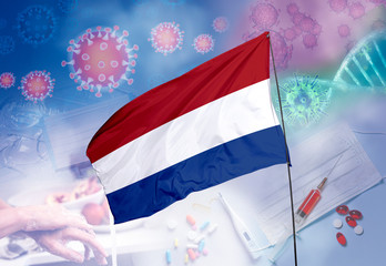 Coronavirus (COVID-19) outbreak and coronaviruses influenza background as dangerous flu strain cases as a pandemic medical health risk. Netherlands Flag with corona virus and their prevention.