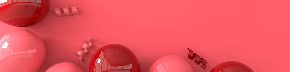 3d render illustration of realistic glossy pink and red balloons, ribbon confetti on pink background. Empty space for birthday, party, promotion social media banners, posters. Horizontal banner © Meranna