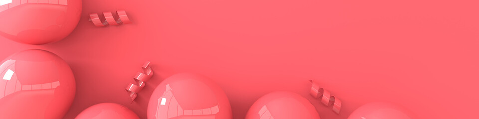 3d render illustration of realistic glossy pink balloons, ribbon confetti on pink background. Empty space for birthday, party, promotion social media banners, posters. Horizontal banner © Meranna