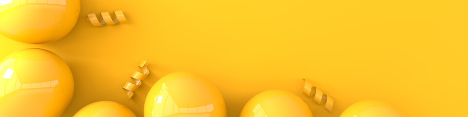 3d render illustration of realistic glossy yellow balloons, ribbon confetti on yellow background. Empty space for birthday, party, promotion social media banners, posters. Horizontal banner © Meranna