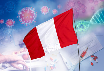 Coronavirus (COVID-19) outbreak and coronaviruses influenza background as dangerous flu strain cases as a pandemic medical health risk. Peru Flag with corona virus and their prevention.