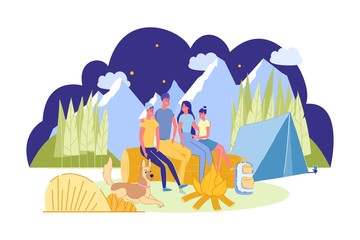 Family with Teenagers on Campsite with Bonfire.