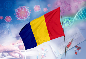 Coronavirus (COVID-19) outbreak and coronaviruses influenza background as dangerous flu strain cases as a pandemic medical health risk. Romania Flag with corona virus and their prevention.