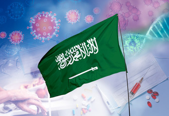 Coronavirus (COVID-19) outbreak and coronaviruses influenza background as dangerous flu strain cases as a pandemic medical health risk. Saudi Arabia Flag with corona virus and their prevention.