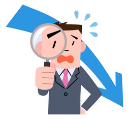 虫眼鏡をのぞきこむビジネスマンと矢印