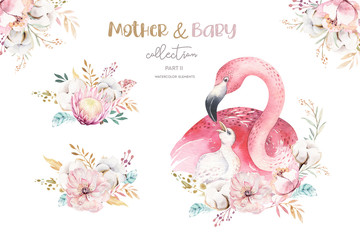 Watercolor cute cartoon illustration with cute mommy flamingo and baby, flower leaves. Mother and baby illustration bird design. Tropical mom bird