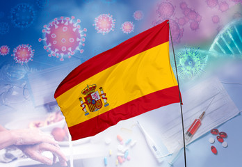 Coronavirus (COVID-19) outbreak and coronaviruses influenza background as dangerous flu strain cases as a pandemic medical health risk. Spain Flag with corona virus and their prevention.