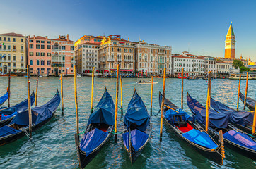 Gondolas moored on Grand Canal water in Venice. Baroque style colorful buildings along Grand Canal and Campanile di San Marco. Typical Venice cityscape, Veneto Region, Italy