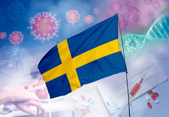 Coronavirus (COVID-19) outbreak and coronaviruses influenza background as dangerous flu strain cases as a pandemic medical health risk. Sweden Flag with corona virus and their prevention.