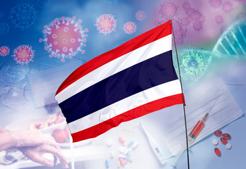 Coronavirus (COVID-19) outbreak and coronaviruses influenza background as dangerous flu strain cases as a pandemic medical health risk. Thailand Flag with corona virus and their prevention.