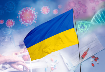 Coronavirus (COVID-19) outbreak and coronaviruses influenza background as dangerous flu strain cases as a pandemic medical health risk. Ukraine Flag with corona virus and their prevention.