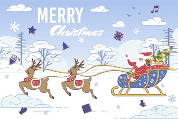 Santa Claus in Sleigh Pulled by Reindeer Team