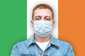 Man in a denim jacket and medical breathing mask. masked man on a white background