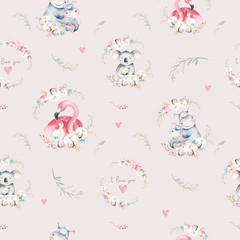 Watercolor cute cartoon little baby and mom koala, hippo, flamingo with floral wreath seamless pattern. tropical fabric background. Mother and baby design. Animal drawing