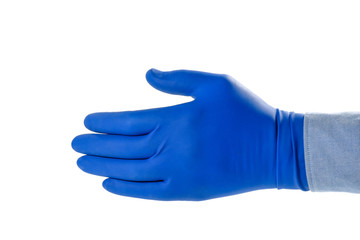Hand of a man in a blue rubber glove isolated on a white background.