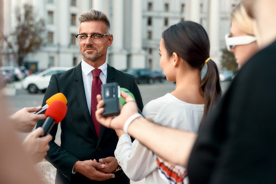 People who care. Journalists conducting interview of politician. Journalism industry, live streaming concept.
