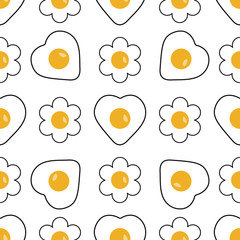 Seamless vector pattern of fried eggs on a white background. In the form of a heart, a flower.