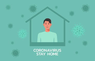 man stay at home to prevent from virus spreading, flu prevention, coronavirus, covid-19, social isolation and self quarantine, new normal concept, character cartoon vector flat illustration