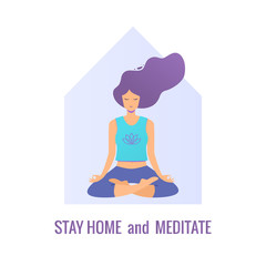 Covid-19 virus. Staying home with self quarantine. Woman sitting in the lotus position and practicing meditation