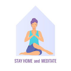 Covid-19 virus. Staying home with self quarantine. Woman sitting in the lotus position and practicing meditation