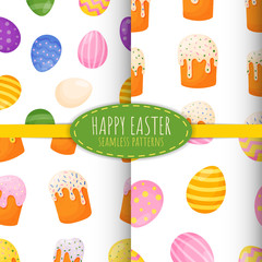 Set of seamless vector patterns with colored eggs and Easter cake. Vector illustration. Endless background. Great for Easter decor.