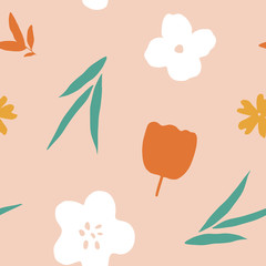 Floral seamless pattern. Vector repeated background with plant and flowers elements. Surface design
