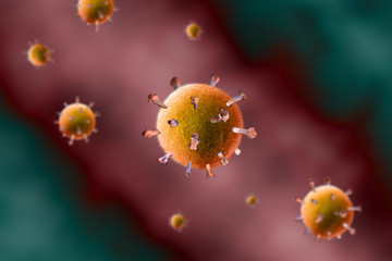 Digital illustration of coronavirus against red background