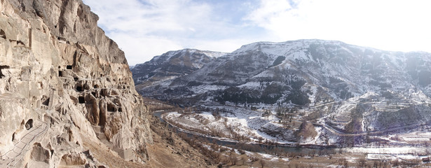 Vardzia cave monastery in the mountain scenery of southern Georgia.