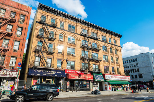 Grocery and shops in Harlem, New York City, USA