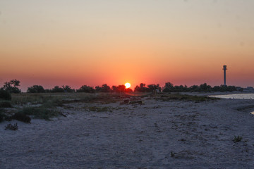 The coast of Jarylgach Island on sunset, Ukraine, Black Sea.