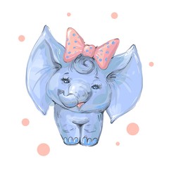 Cute Baby elephant girl with bow isolated on white